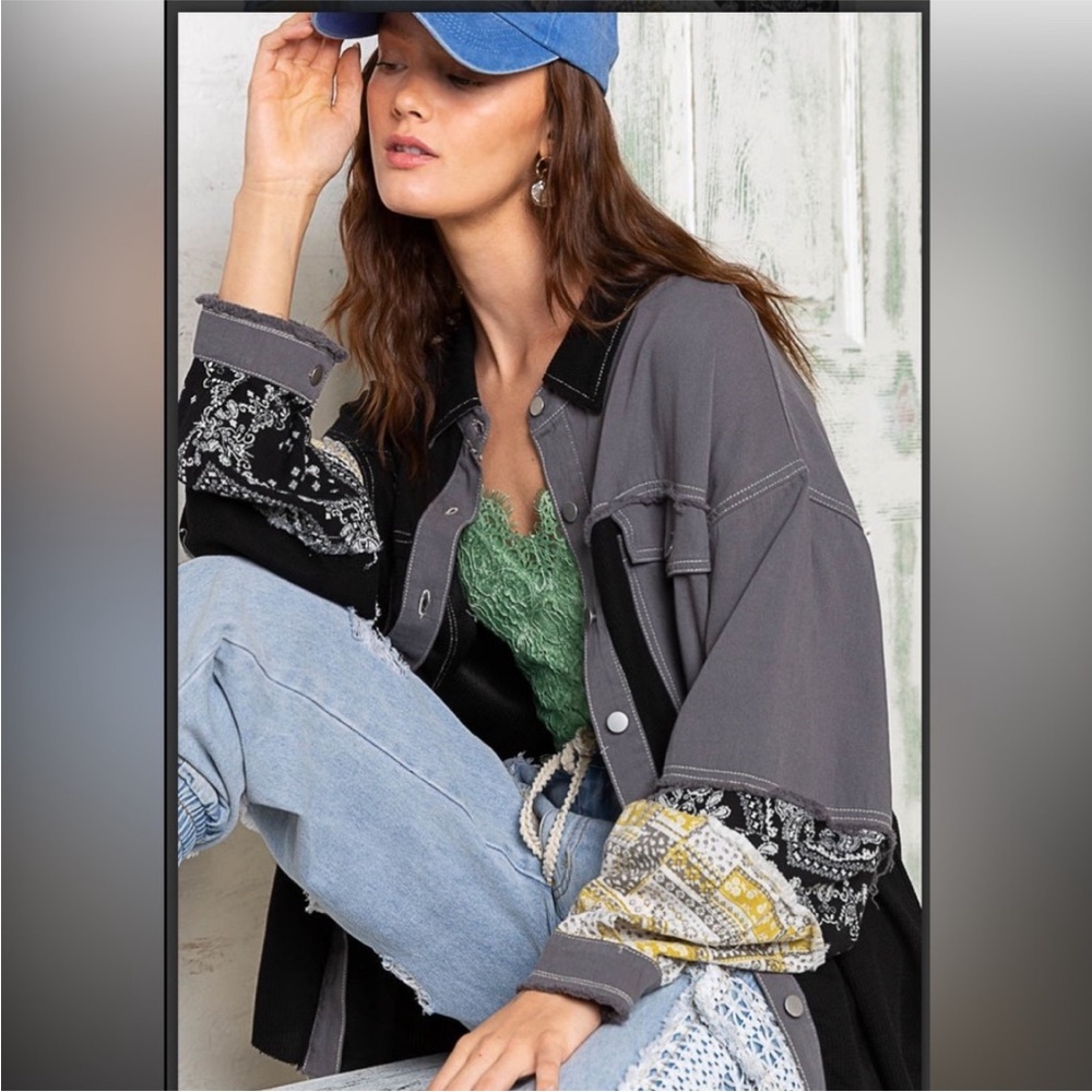 Pol Black And Gray Patchwork Button-Up Shacket/Sh… - image 4